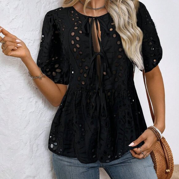 Black Casual Women's Round Neck Short Sleeve Shirt Peplum Top - Picture 3 of 7